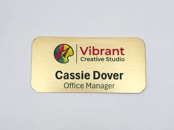 Printed brushed gold metal name tag