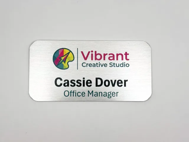 Printed brushed silver metal name tag