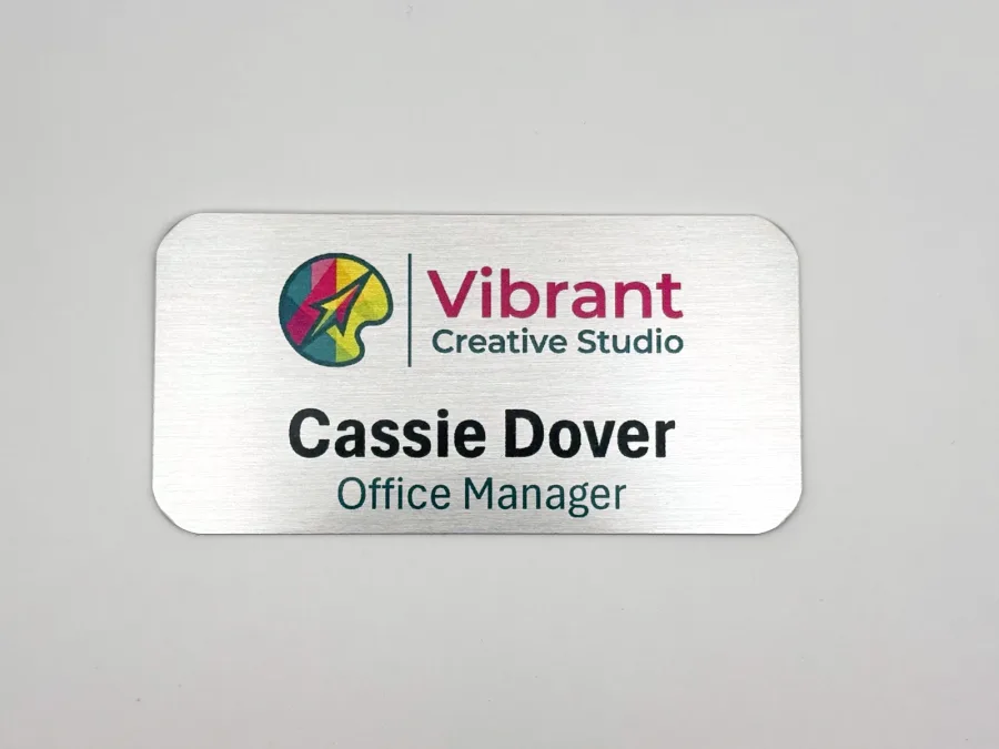 Printed brushed silver metal name tag