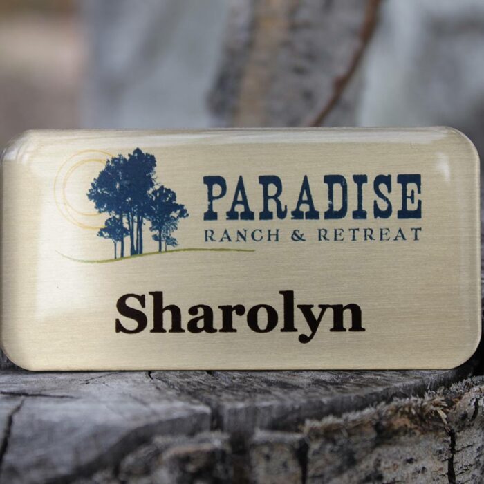 Brushed gold metal nametag with tag armor