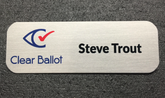 Brushed silver nametag. Design for Clear Ballot.