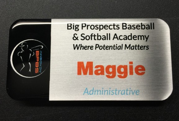 Brushed silver metal nametag with epoxy coating. Design for Big Prospects Baseball and Softball Academy.
