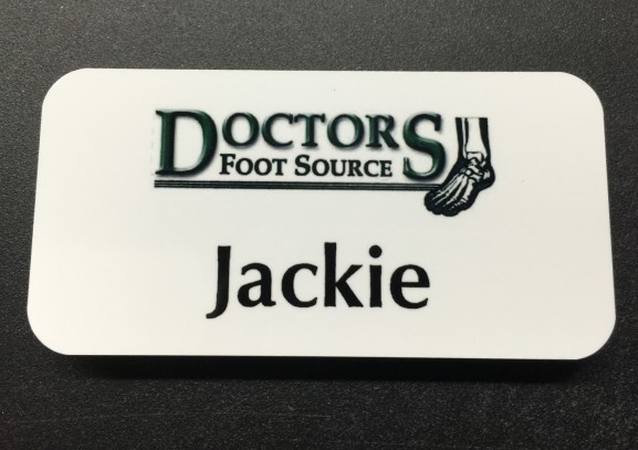 White metal nametag. Design for Doctors Foot Source.