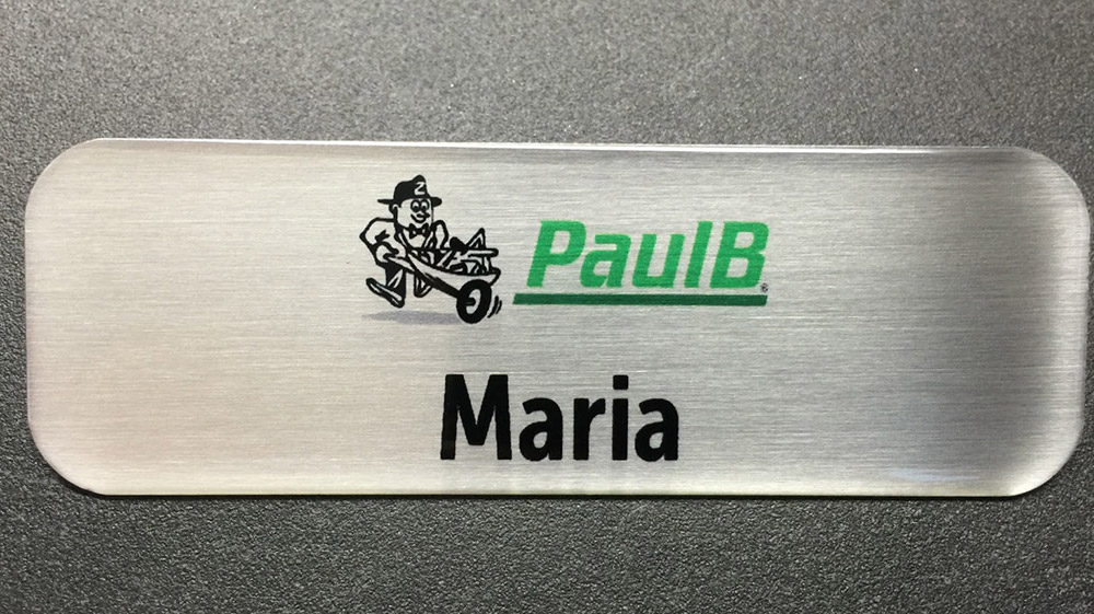 Brushed silver nametag with epoxy coating. Design for PaulB.