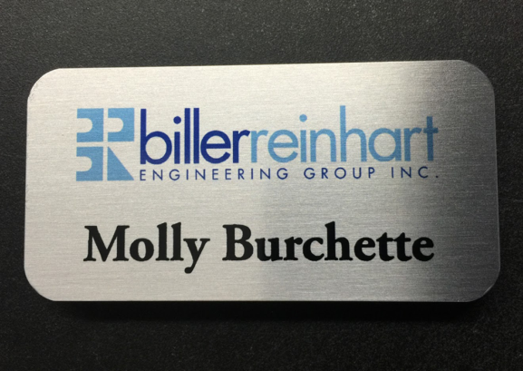 Personalized brushed silver name badge. Design for BillerReinhart.