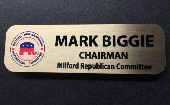 Custom brushed gold name badge. Design for Milford New Hampshire Republican Committee.
